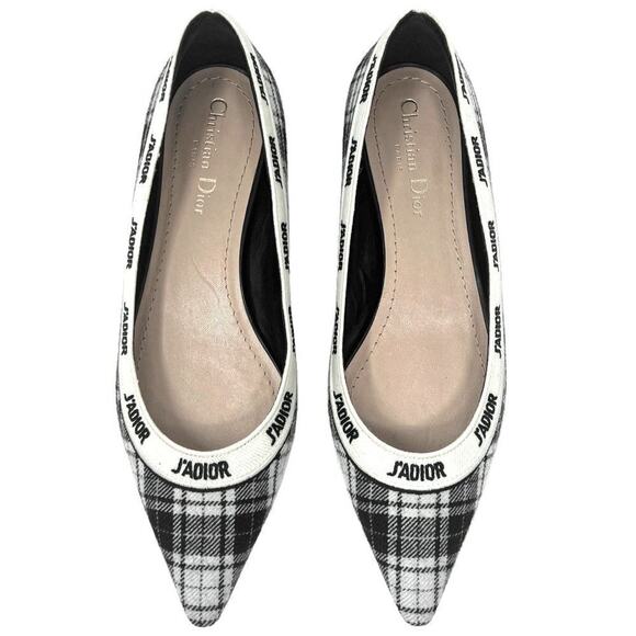 Dior J'Adior Wool Tartan Logo Ribbon Trim Pointed Toe Flats- Size